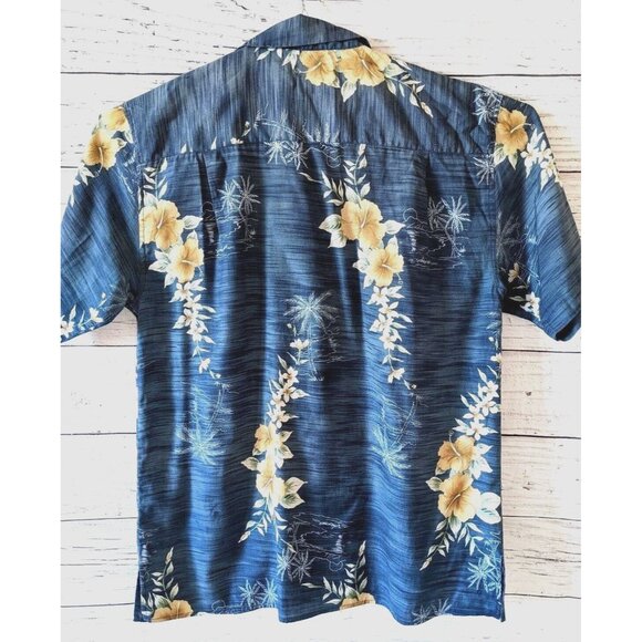 Attitude Hawaiian Silk Men's Shirt Blue Hibiscus Floral Button Down Size M - Picture 2 of 9